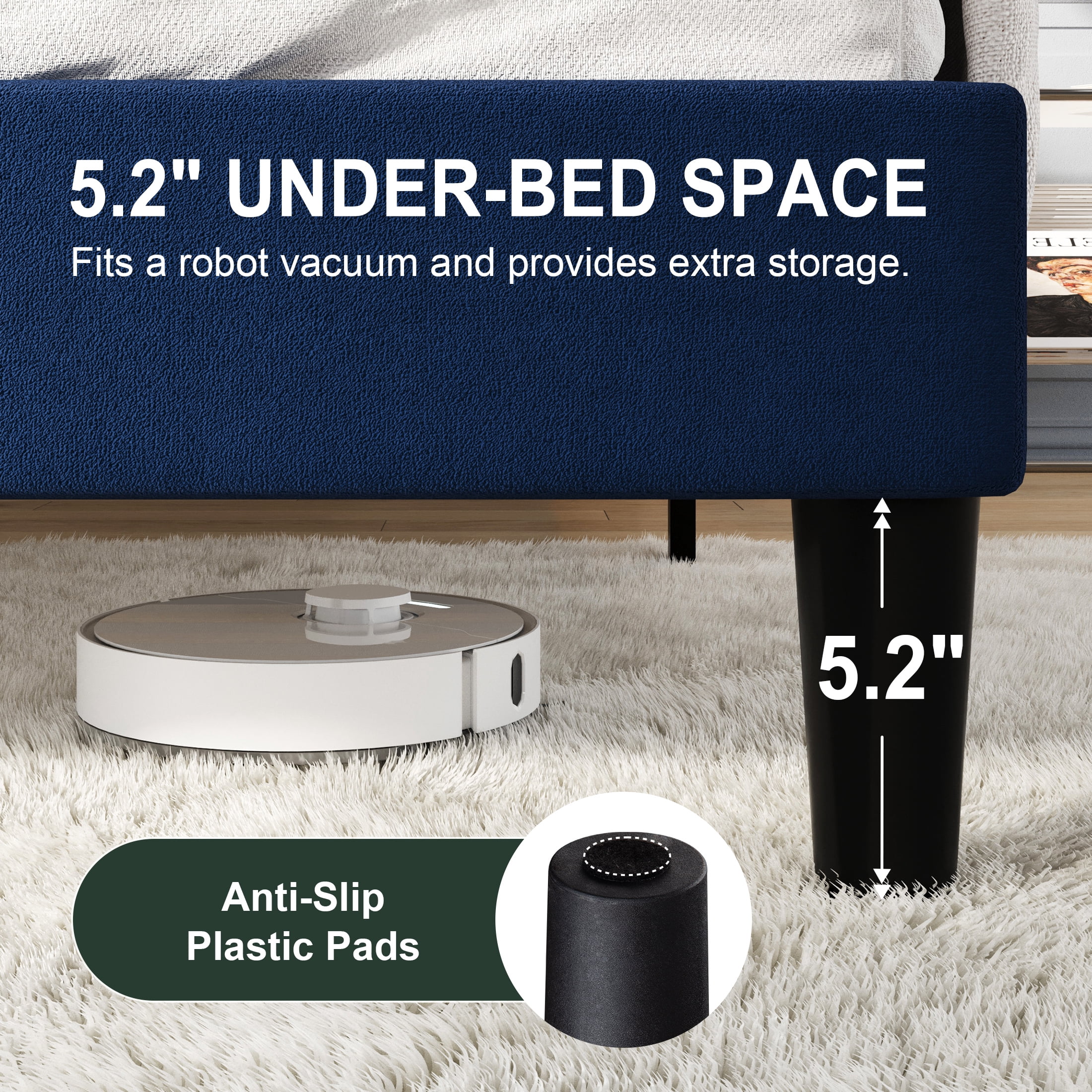Amolife Full Bed Frame, Platform Bed with Upholstered Velvet Adjustable Headboard, Wooden Slats, Easy Assembly, Blue