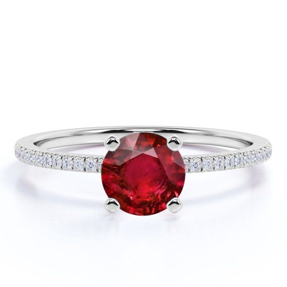 JeenMata 1 Carat Round Cut Handmade Simulated Ruby Engagement Ring in 18k White Gold over Silver