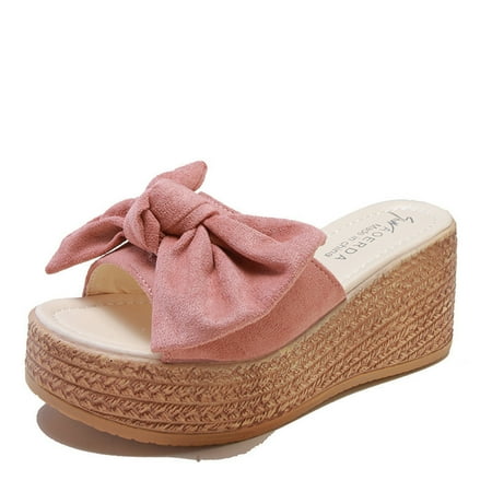 

Hauiodp Women s Platform Espadrille Slide Sandals Bowknot Wedge Sandals Slip On Open Toe High Heels Casual Summer Dress Shoes