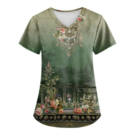 

SENDKEEL Summer Tops Plus Size Retro Flower Printed Scrub Working Uniform Tops For Women Cross V-Neck Short Sleeve Fun T-Shirts Workwear Tee With Pockets