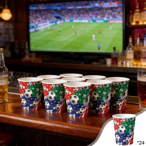 Linnome Soccer Themed Party Paper Cups Disposable for Game Day Atmosphere Decor 24 Pack Multicolor 8.2x7.4cm