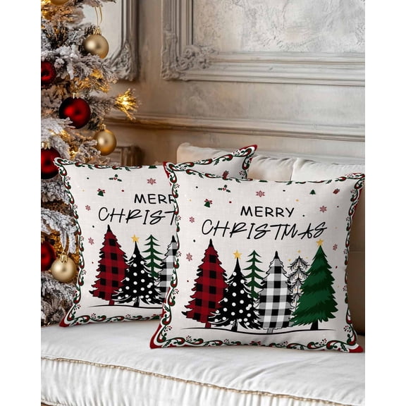 Christmas Decorative Throw Pillow Covers 18x18 Inch Set of 2 Buffalo Plaid Xmas Tree Pillow Cases for Couch, Snowflake Cushion Case for Living Room Bedroom Bed Car Chair