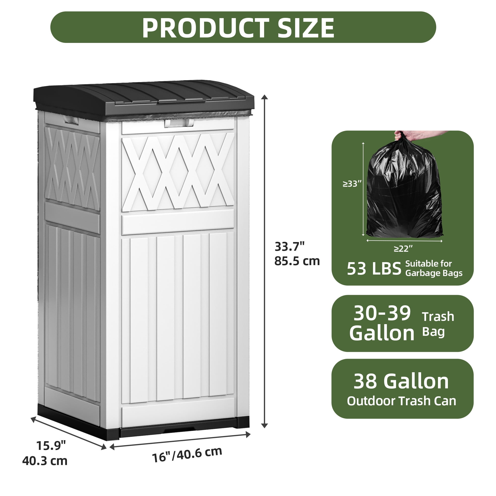 Uforic 31 Gallon Large Outdoor Trash Bin, Waterproof Resin Garbage Can with Lid & Drip Tray, Waste Container,for Porch, Backyard, White