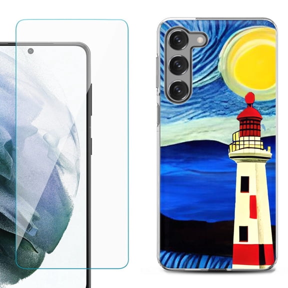 Shockproof Fashion Phone Case for Samsung Galaxy S23  / S23 Plus 5G, with Tempered Glass Screen Protector, by OneToughShield ® - Starry Night Lighthouse