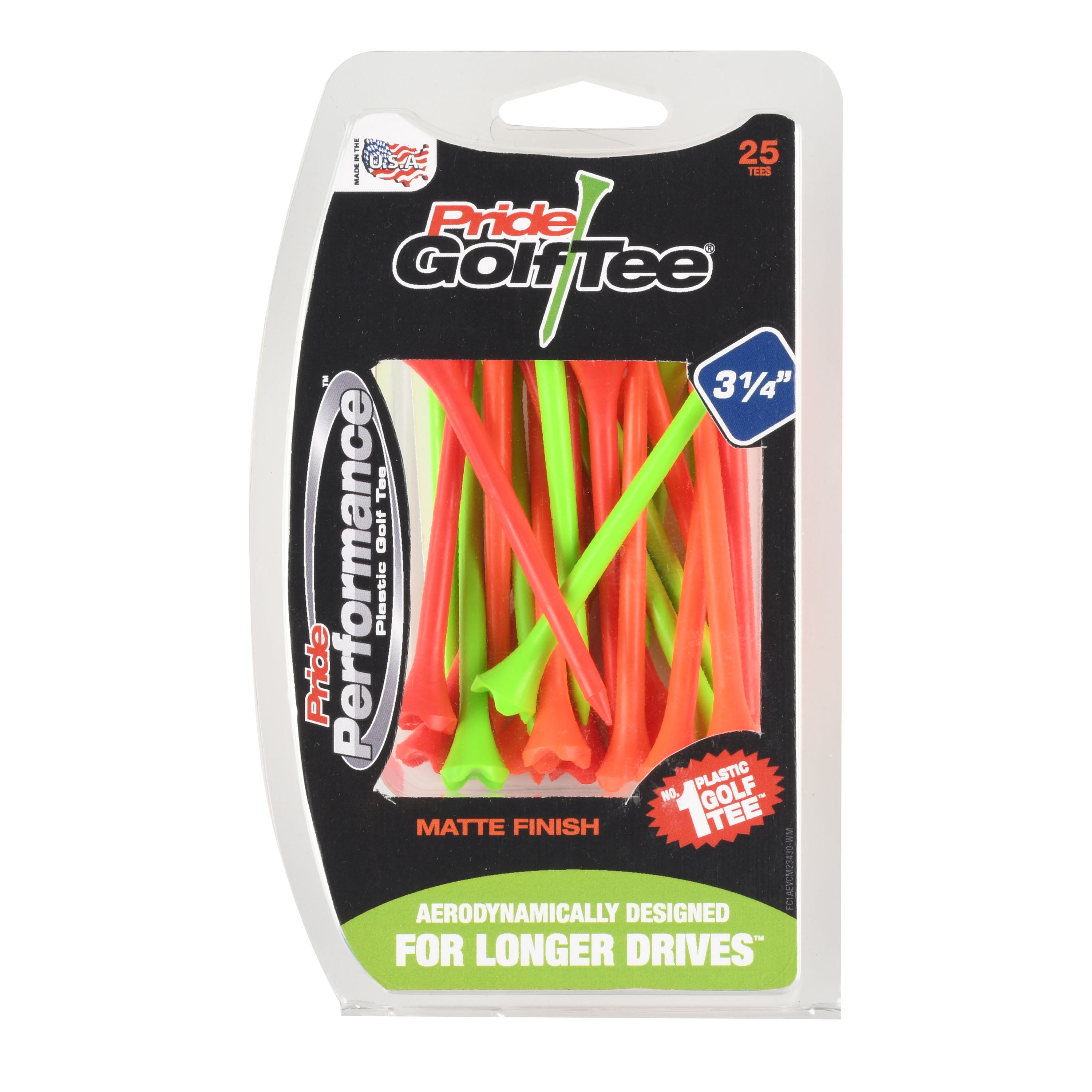 Pride Sports 3-1/4' Pride Performance Matte Finish Mix Color Plastic Golf Tees, 25 Count