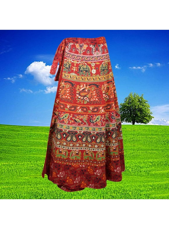 Women Tangerine Red Animal Maxi Skirt, Open Waist Beach Travel Handmade Beach Skirts One size SML