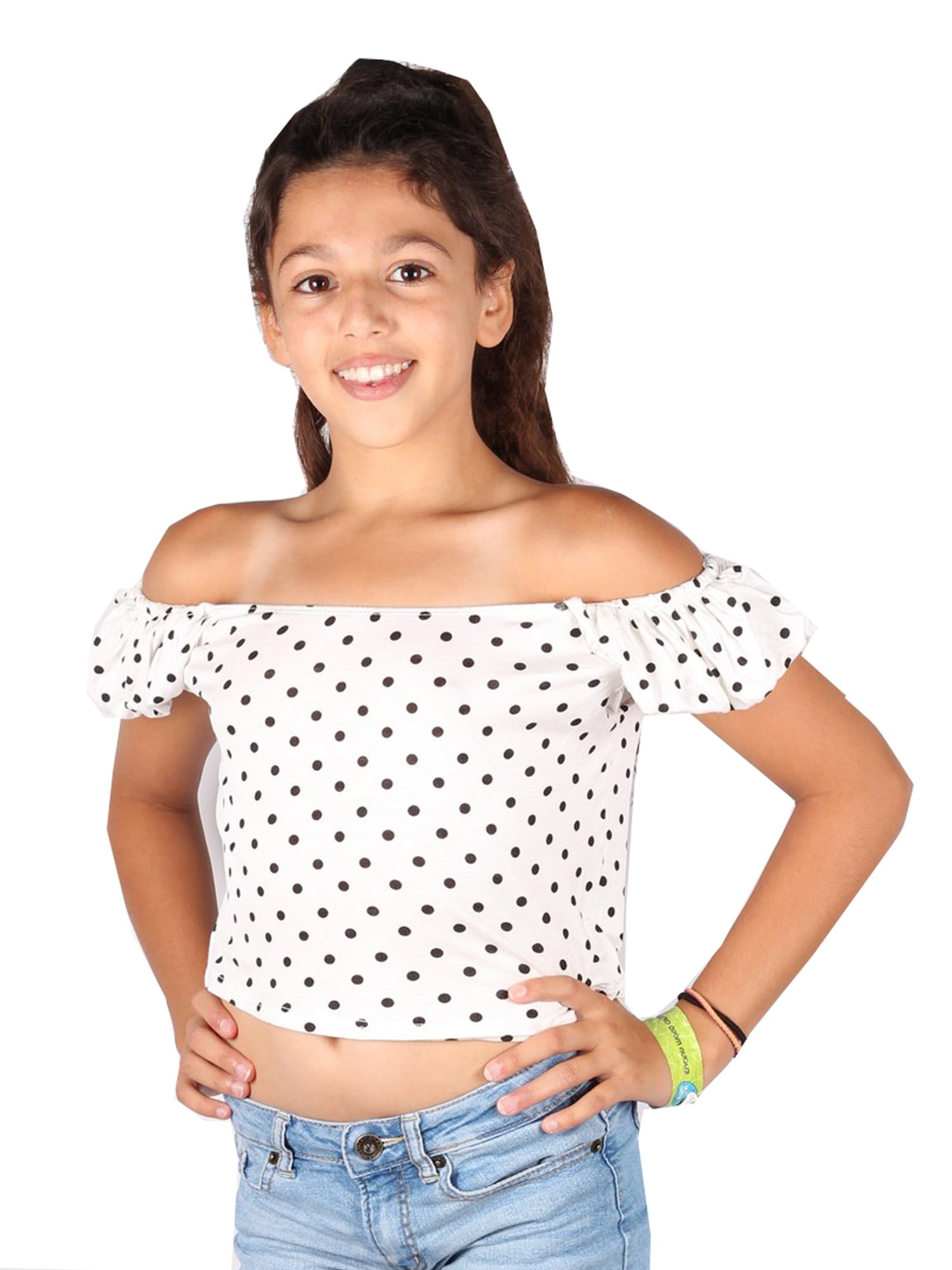 black polka dot off the shoulder top