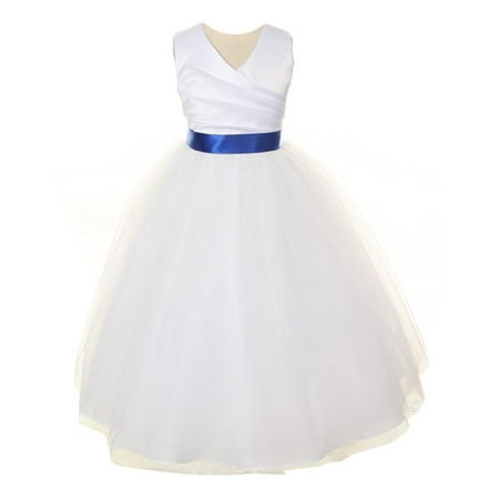 Girls White Blue Sash Illusion Over Satin Junior Bridesmaid (Best Dresses For Women Over 50)