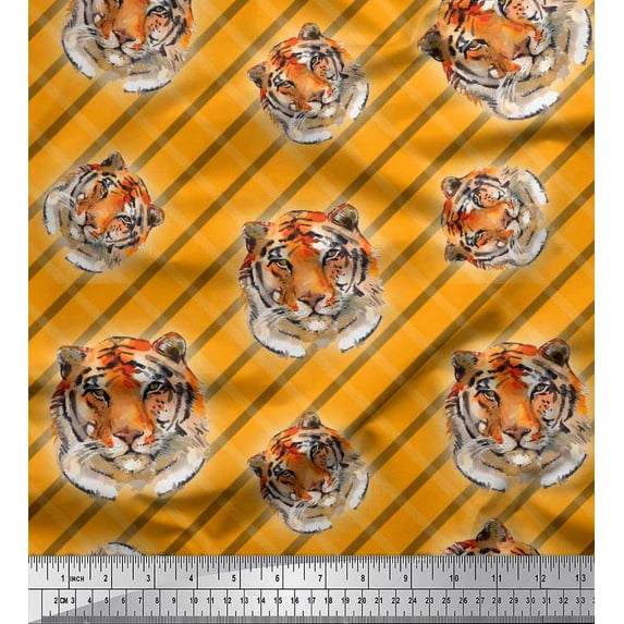 Soimoi Rayon Fabric Check & Tiger Face Animal Print Sewing Fabric Yard 56 Inch Wide