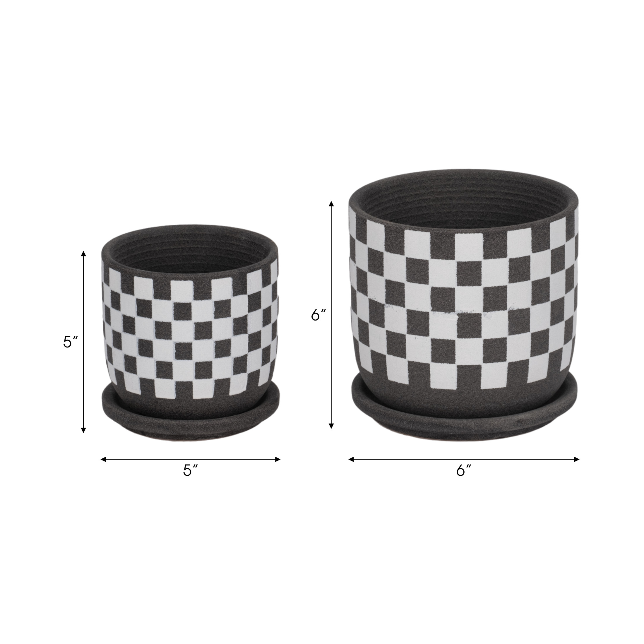 Round Checker Pattern Saucer Planters for Garden Decor - Ceramic Planter for Home and Living Room Decor - Sleek Flower Pots for Indoor and Outdoor Plants - Set of 2, 6", 5", Black & White