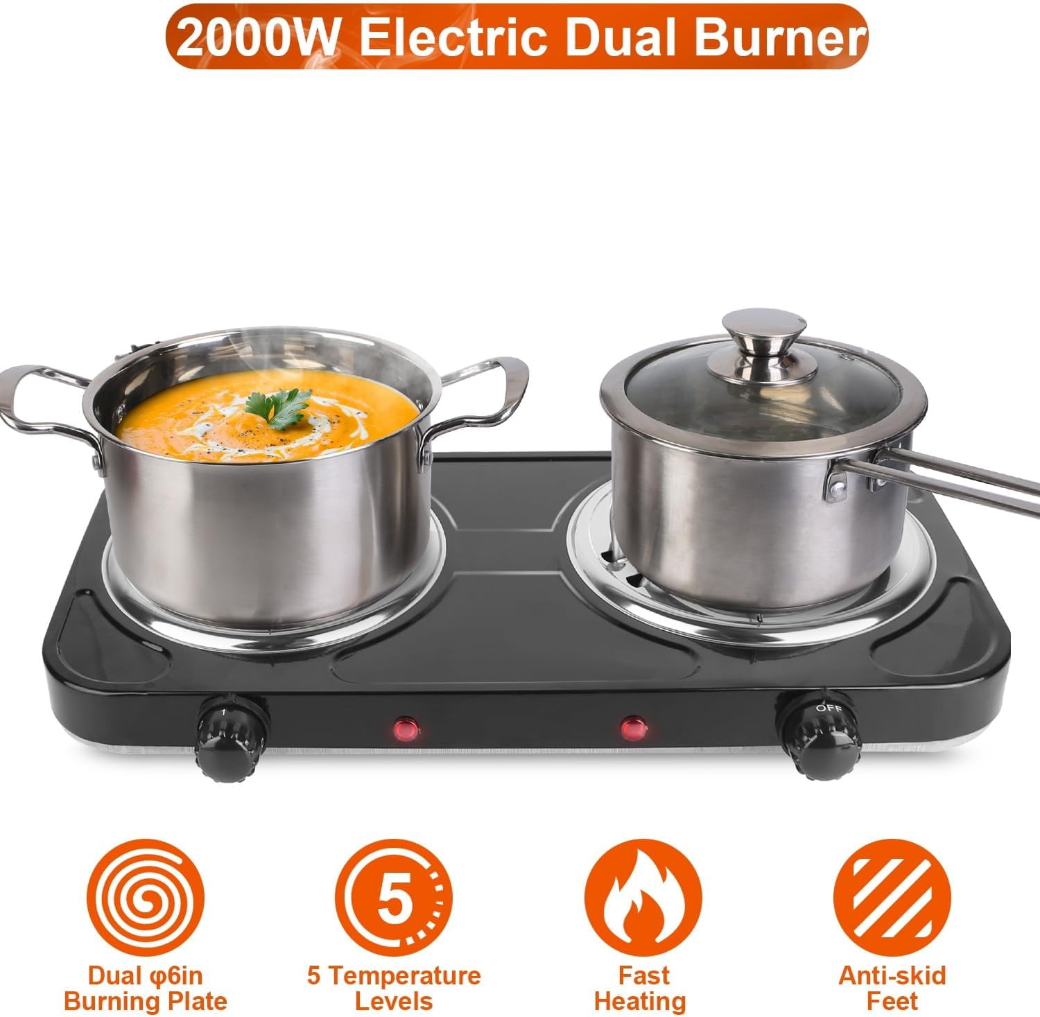 2000W Electric Double Burner Coil Stove-Portable Hot Plate Electric for Cooking, Countertop RV Hotplate with Non-Slip Rubber Feet and 5 Temperature Adjustments