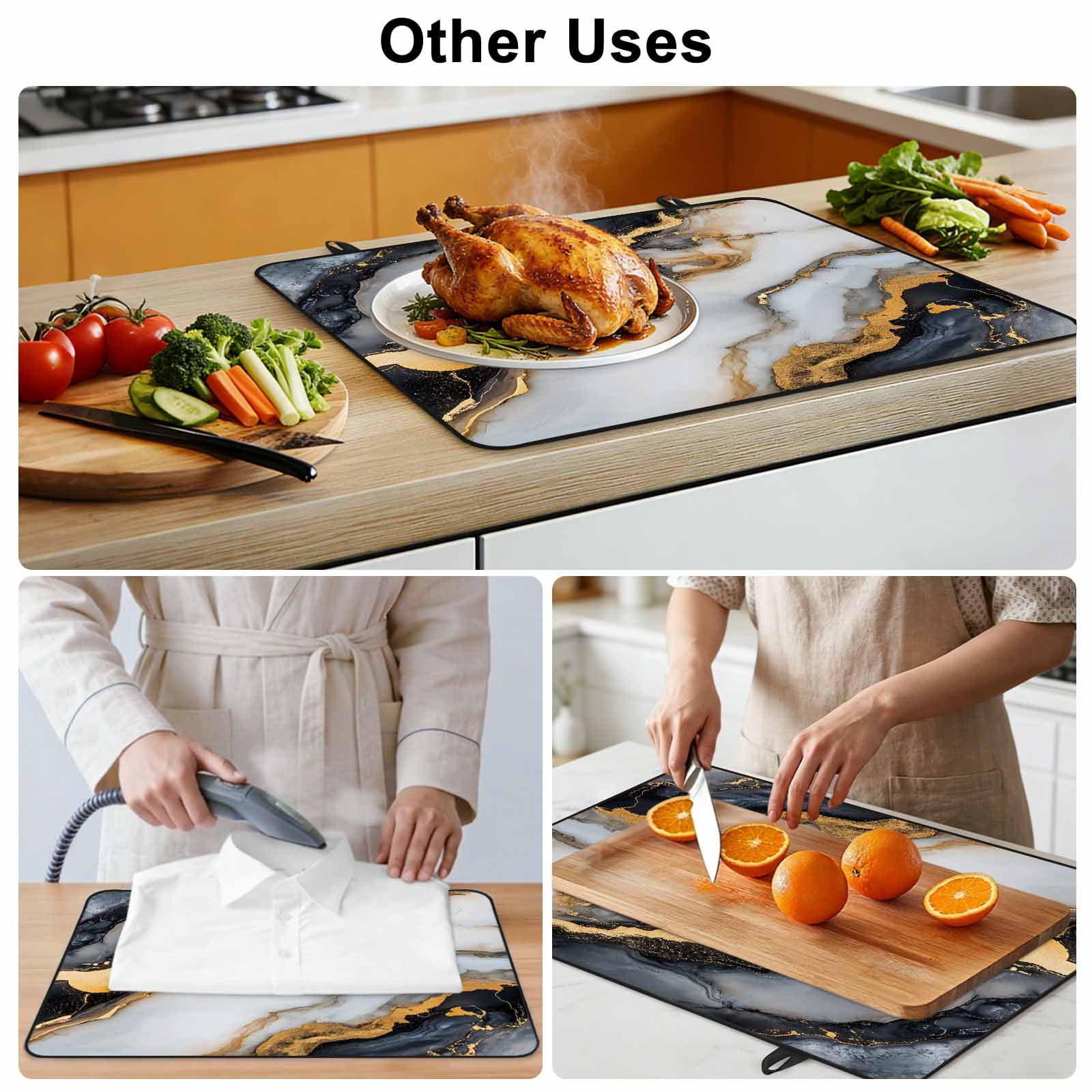 Black Golden Marble Stove Top Cover for Electric Stove, Heat-proof & Non Slip Glass Top Stove Cover Protector, Modern Ink Painted Abstract Kitchen Flat Cooktop Rubber Mat 24x21 Inches