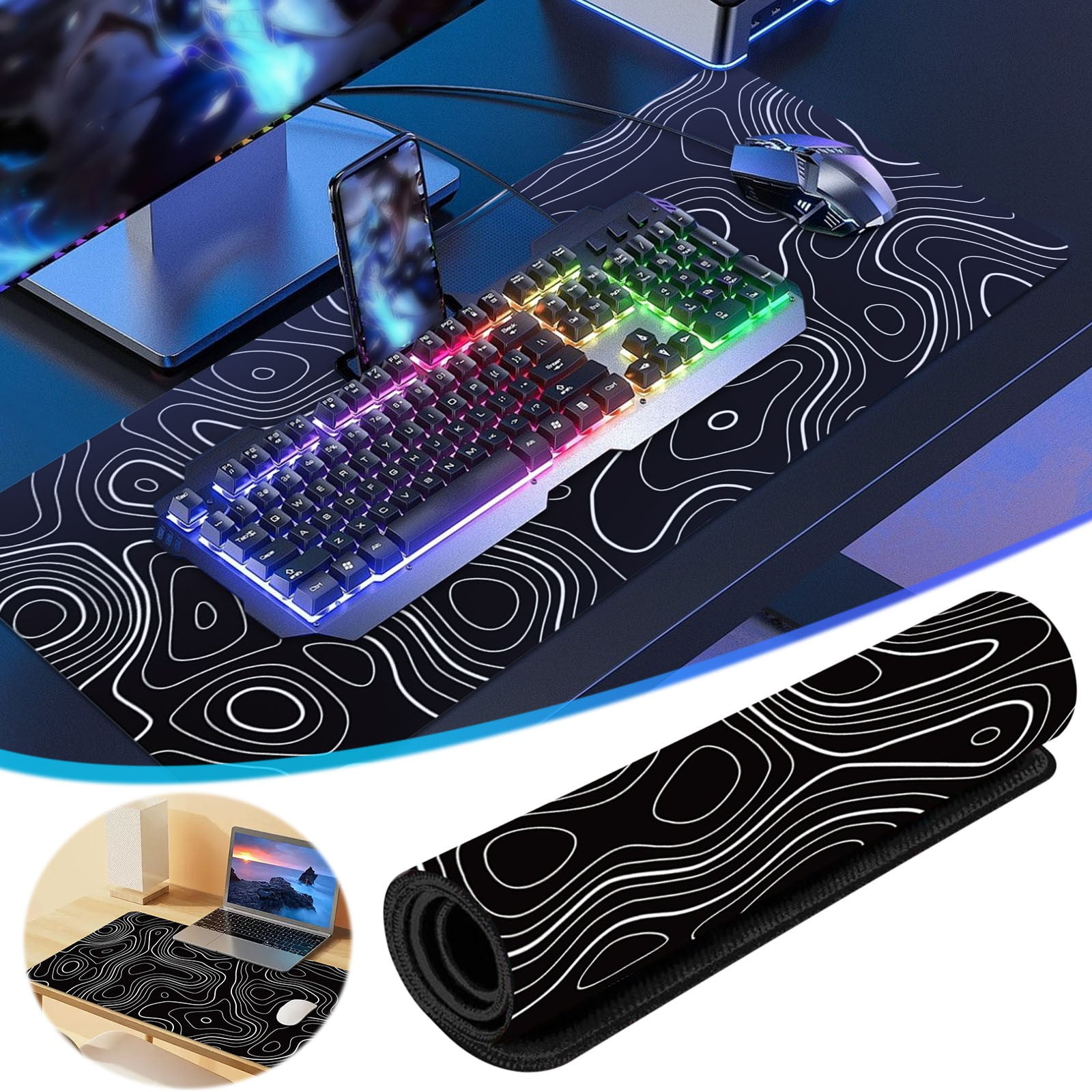 YZEGDCH Wireless Keyboards Mouse Pad with Large Heat Map Abstract Lines New Fluid Ripple Antis Slip Pad