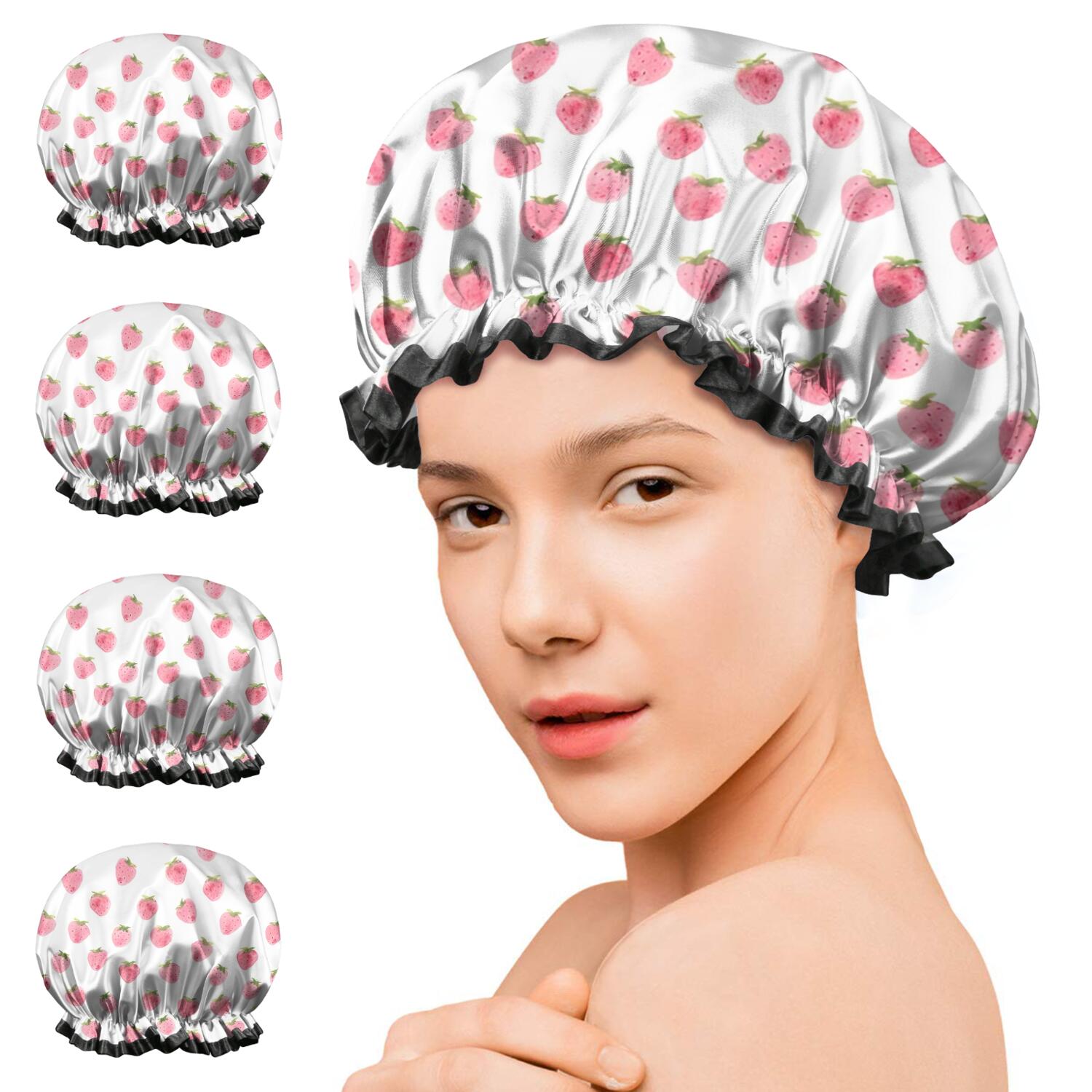Shower Caps,Red Strawberry Plants Fruit Pink Pattern Waterproof Shower Cap for Women 4 Pieces,Double Reusable Hair Cover for Shower PEVA Elastic Stretch Hem