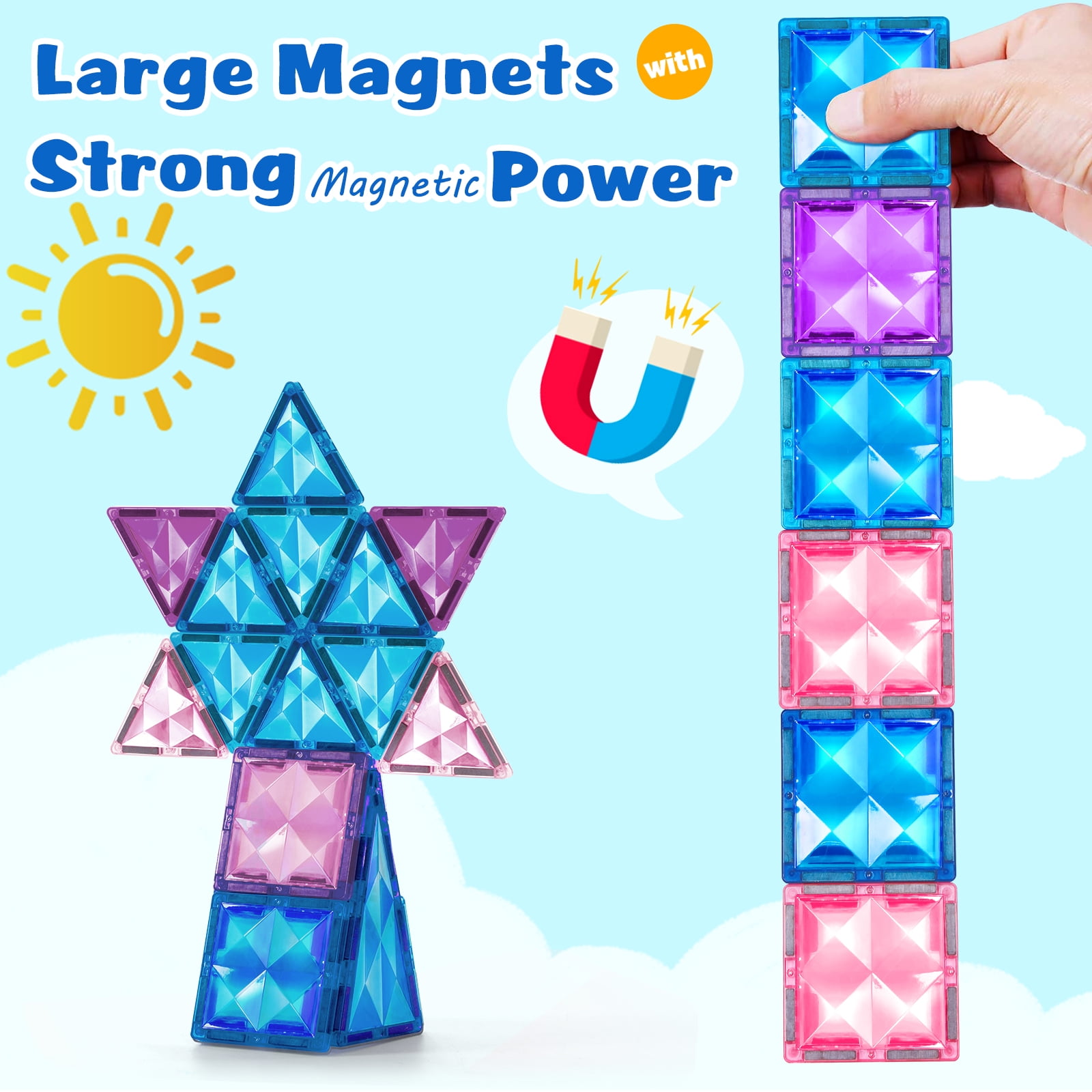 FunMagic 102pcs Magnetic Tiles - 3D Diamond Building Blocks for Pretend Play, Magnetic Toys Birthday Gifts for Your Kids