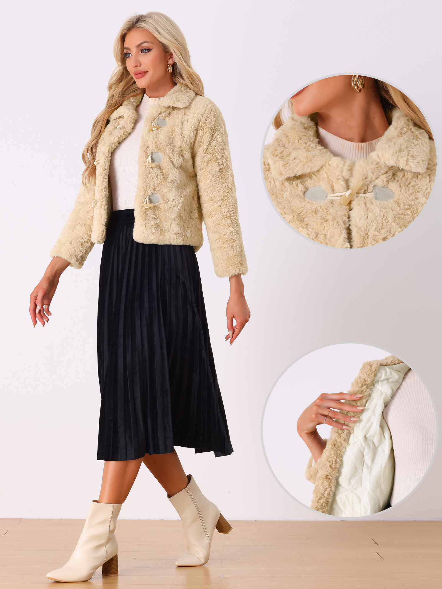 DARING DIVA Women's Fluffy Collar Cropped Faux Fur Coat M Apricot