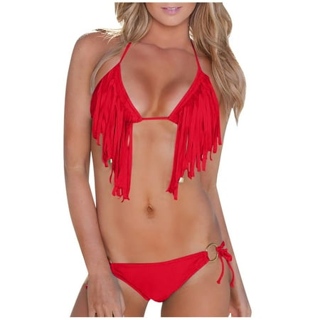 Wyobmus Womens Tassel Bikini Sets Solid Color String 2 Piece Halter Top Tie Side Triangle Bottom Bathing Suits Red