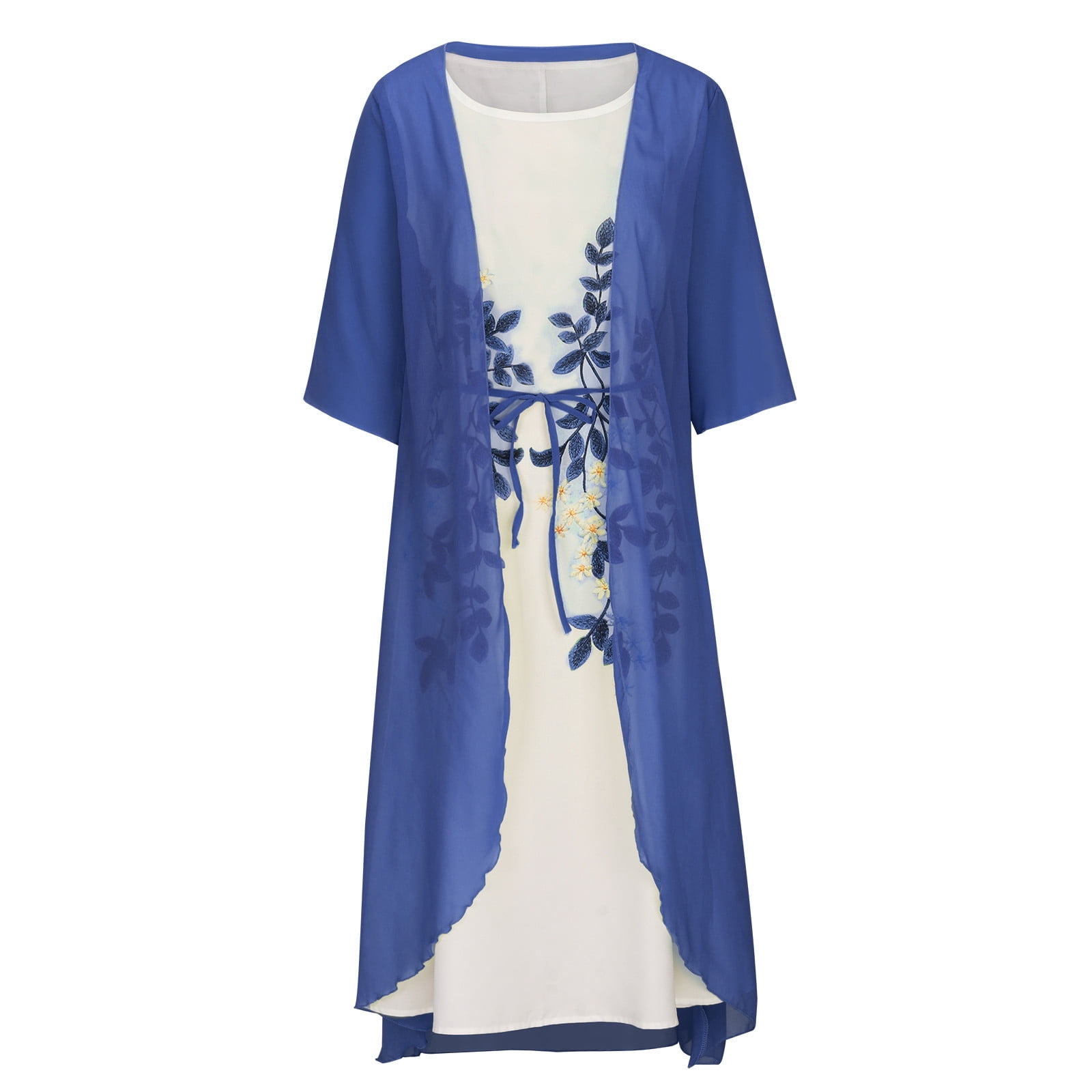 AOOCHASLIY Sun Dresses for Women Clothess Women Casual Floral Print Round Neck Sleeveles Dress Solid Chiffon Two-Piece Set