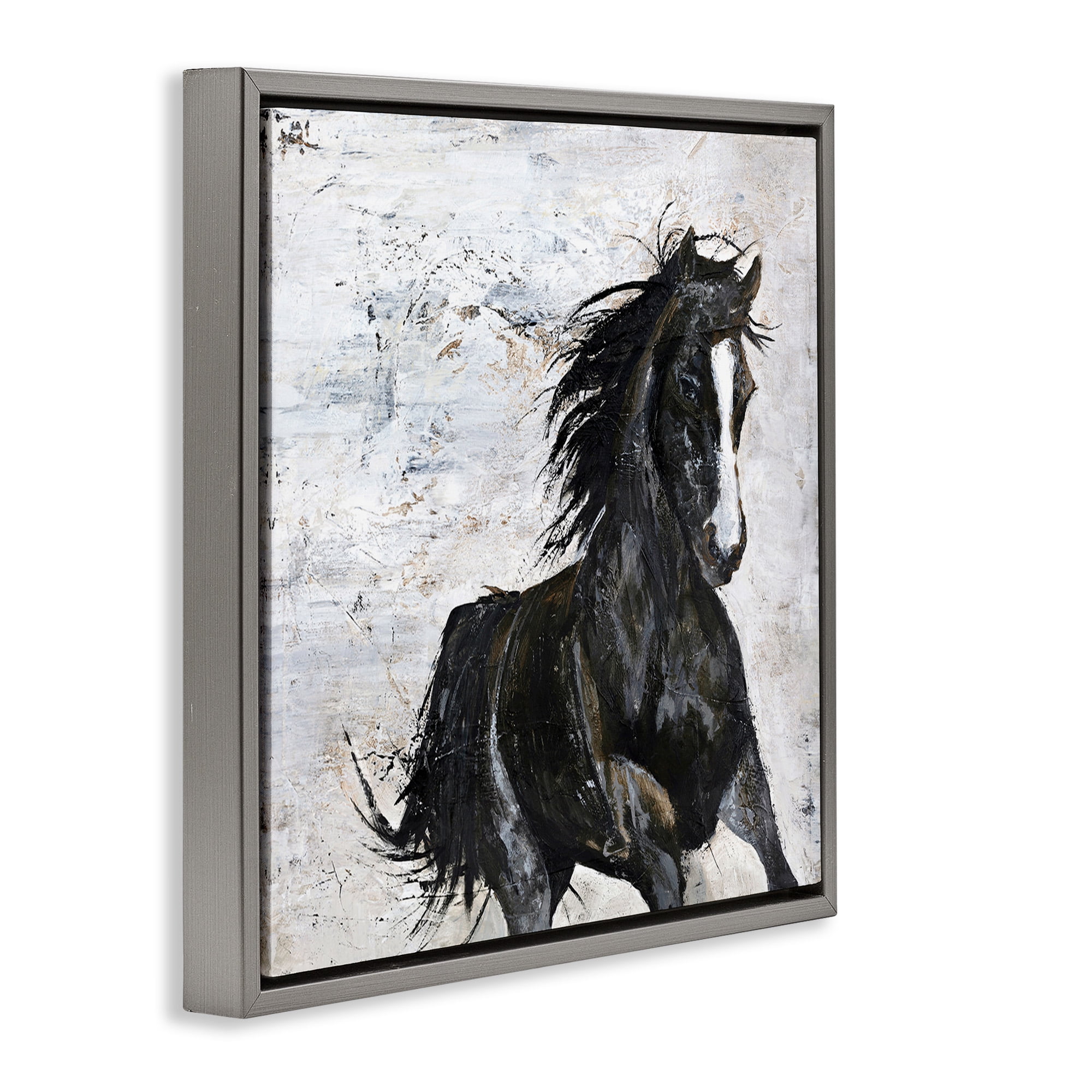 Stupell Industries Wild Black Horse Galloping Animals & Insects Painting Gray Floater Framed Canvas Art Print Wall Art, 25 x 25