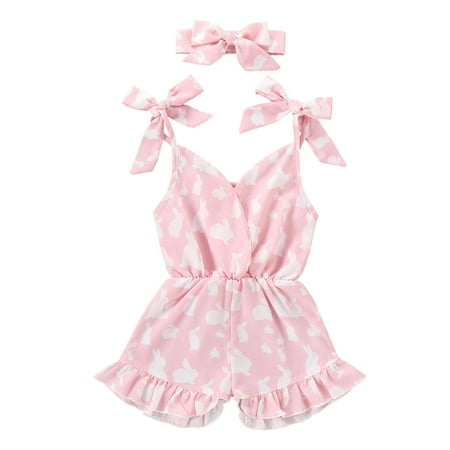 

QWERTYU Infant Baby Toddler Child Easter with Headband Set Bowknot Jumpsuit for Girl Summer Sleeveless Rabbit Print Suspender Romper 6M-4Y