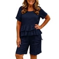 thumbnail image 6 of Womens Linen Two Piece Sets Ruffle Short Sleeve Blouse and Drawstring Pocket Shorts Casual Summer Outfits for Women Navy XXL(XXL), 6 of 6