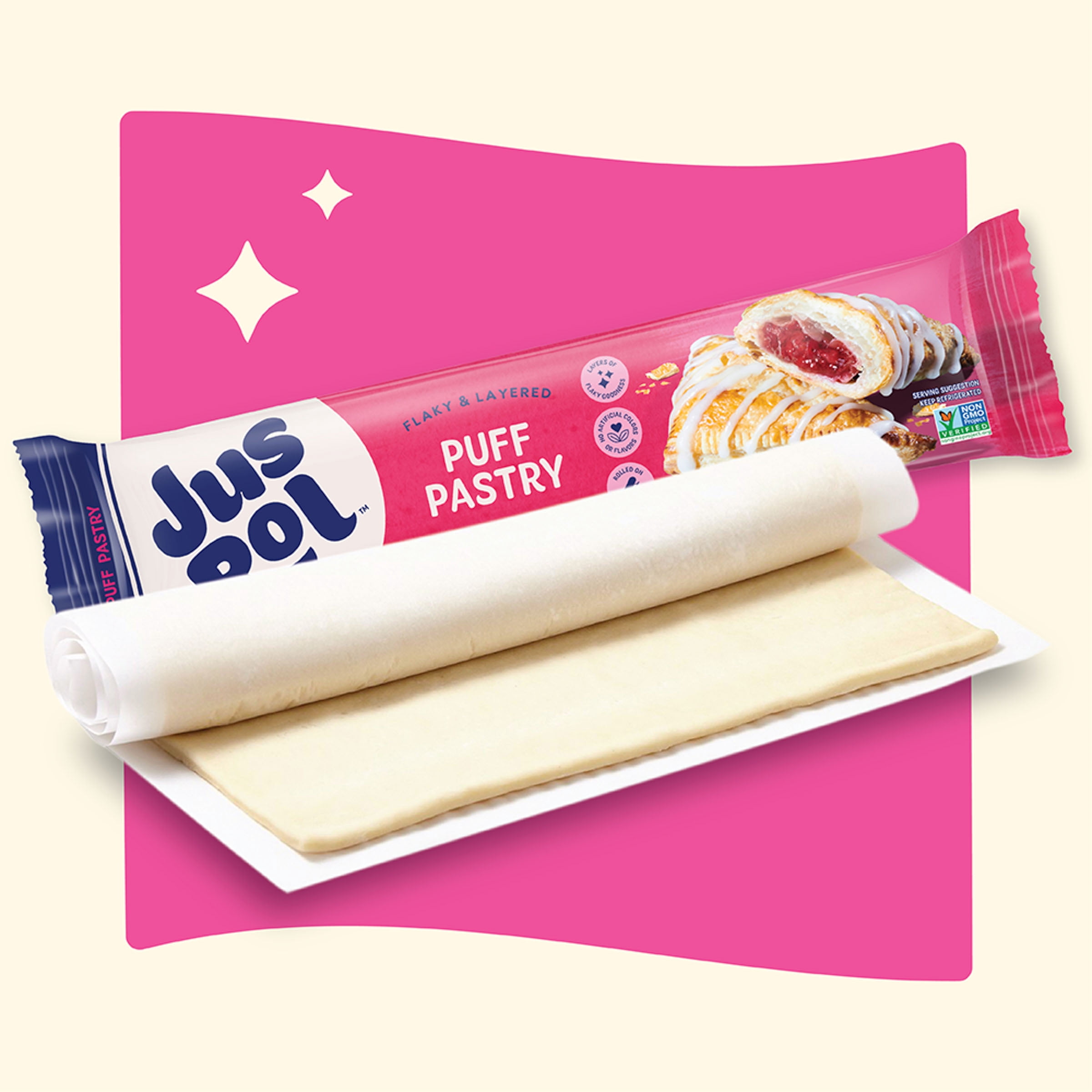 Jus-Rol Flaky & Layered Puff Pastry Sheet, Pre-Rolled Refrigerated Dough, 13.2 oz, 1 Sheet, For Sweet or Savory Baking