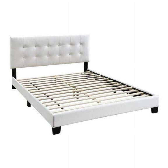 Queen Leatherette Bed with Checkered Tufted Headboard, White