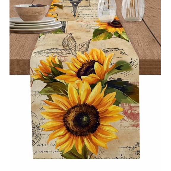 Yellow Sunflower Table Runner 60 Inches, Watercolor Retro Floral Plant Leaf Bed Runner Dresser Scarves Tabletop for Indoor Outdoor Parties/Ceremony/Banquet, 13" x 60"