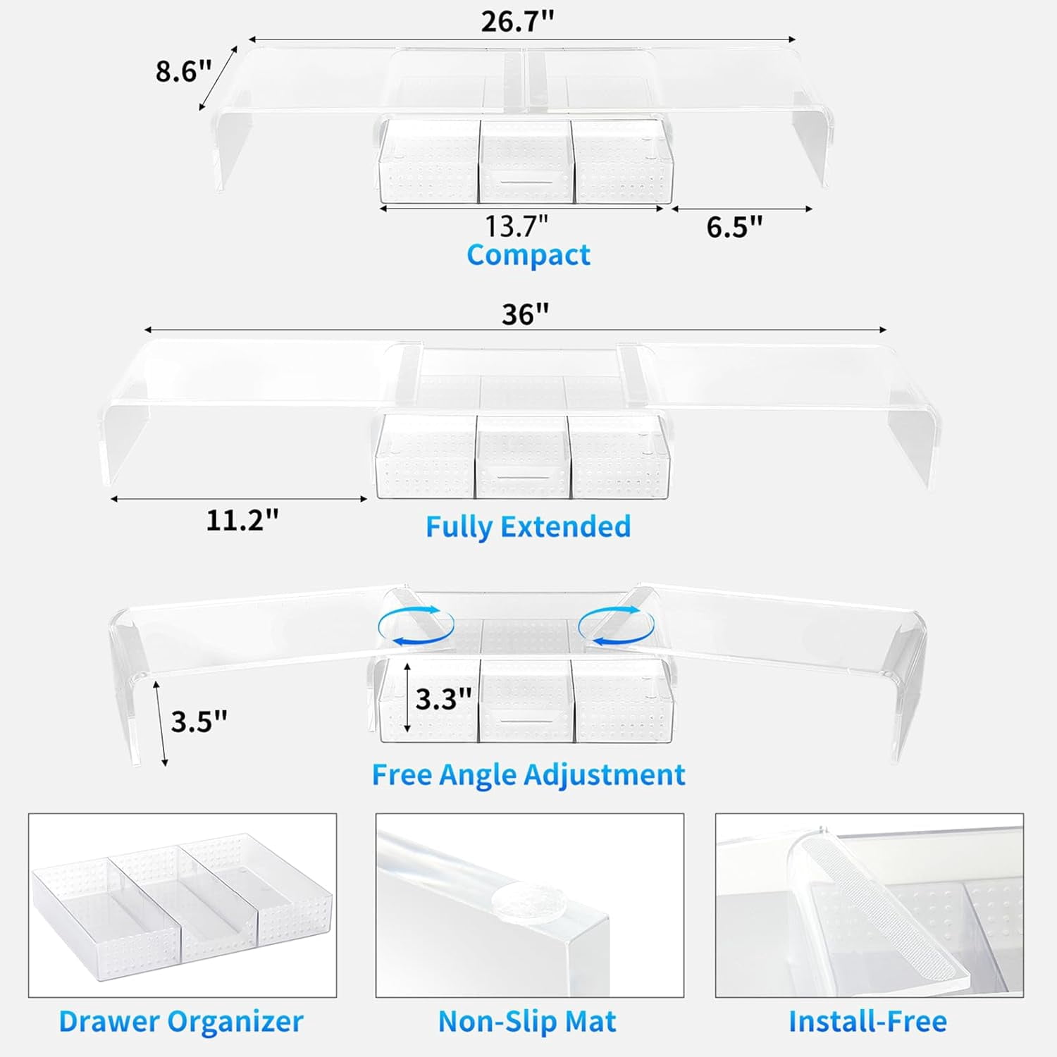 Clear Acrylic Dual Monitor Stand Riser with Drawer - Ergonomic Computer Desk Shelf Organizer for Office Workspace, Holds 2 Screens Up to 55lbs, Transparent Desktop Storage Rack