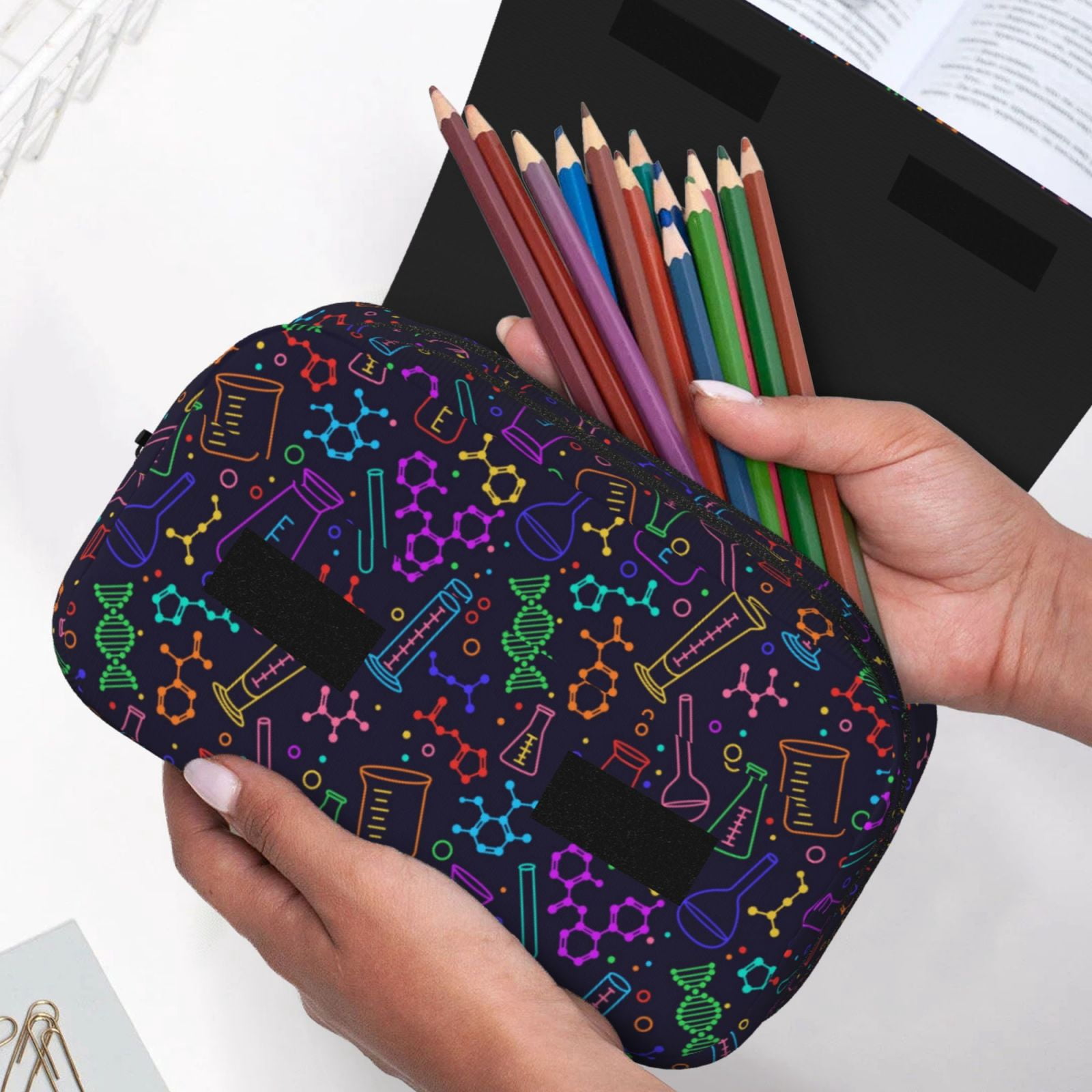 Rateoe Chemistry Science Pattern Double Clamshell Pen Case, Storage Organizer with Two Zipper Compartments– Holds Up to 50 Pencils & Pens