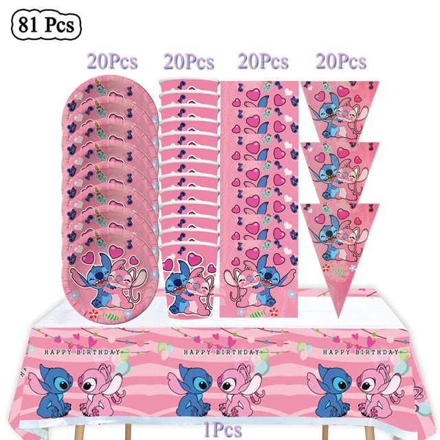 Disney-decoración de fiesta de cumpleaños de Lilo & Stitch, juego de vajilla desechable rosa, suministros de fondo de decoración de globos