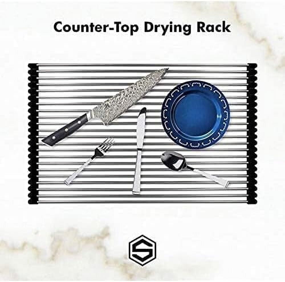 Strictly Sinks Stainless Steel Roll Up Dish Drying Rack – Silver 17 Inch Over The Sink Drying Rack Ideal for Workstation Sinks Only – Multipurpose Foldable Kitchen Dish Rack (17-3/8″ x 13″ x 3/8″)