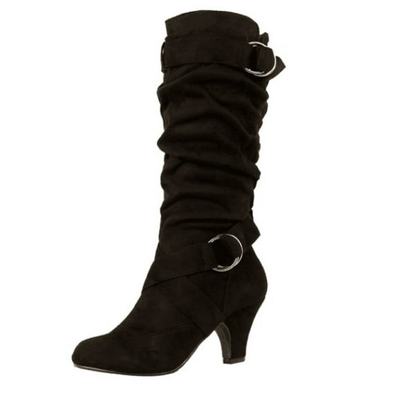 Juebong Boots on Clearance 2025 Womens Slouchy Mid Calf Boots Chunky Heel Faux Leather Knee High Boots Side Zipper Metal Buckle Folds Winter Boots