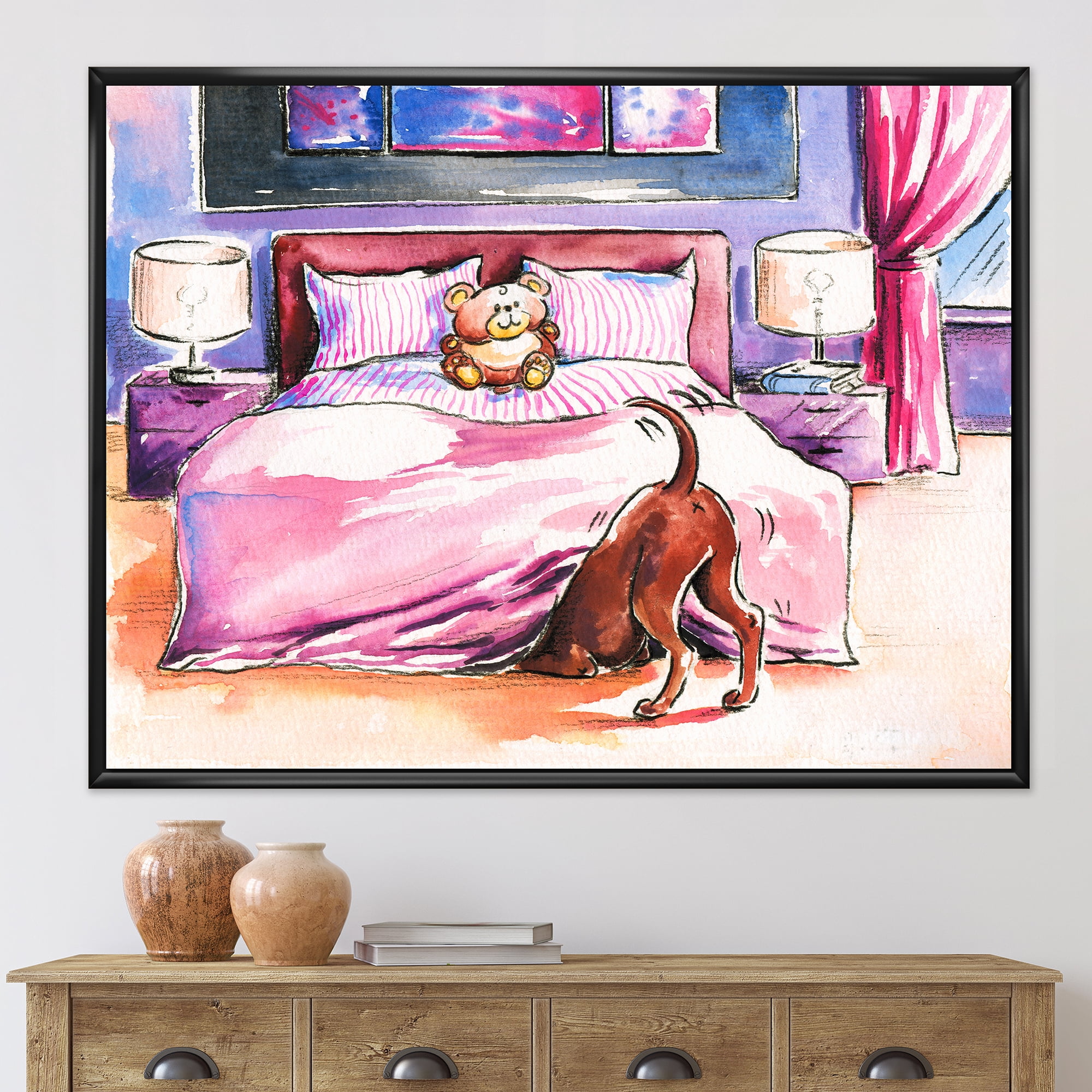 Designart 'Brown Dog Looking Under the Bed and Teddy Bear' Farmhouse Framed Canvas Wall Art Print