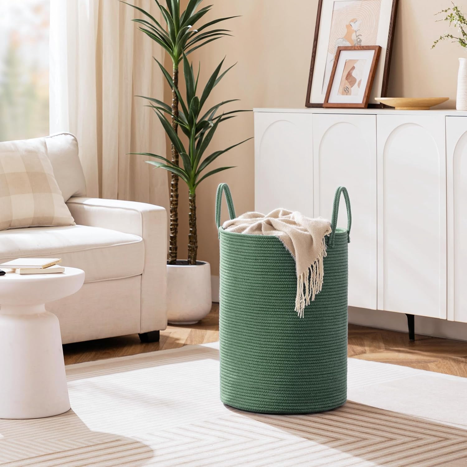 TT-Laundry Basket, 52L Woven Laundry Hamper, Baby Nursery Hamper for Toys, Blanket Basket for Living Room, Clothes Hamper for Bedroom&Baby Room, Green