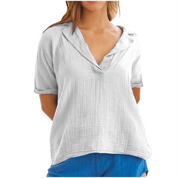 yillto Womens Plus Size Cotton Linen Top Short Sleeve V Neck Collared Summer Blouse Solid Color Loose Clothes