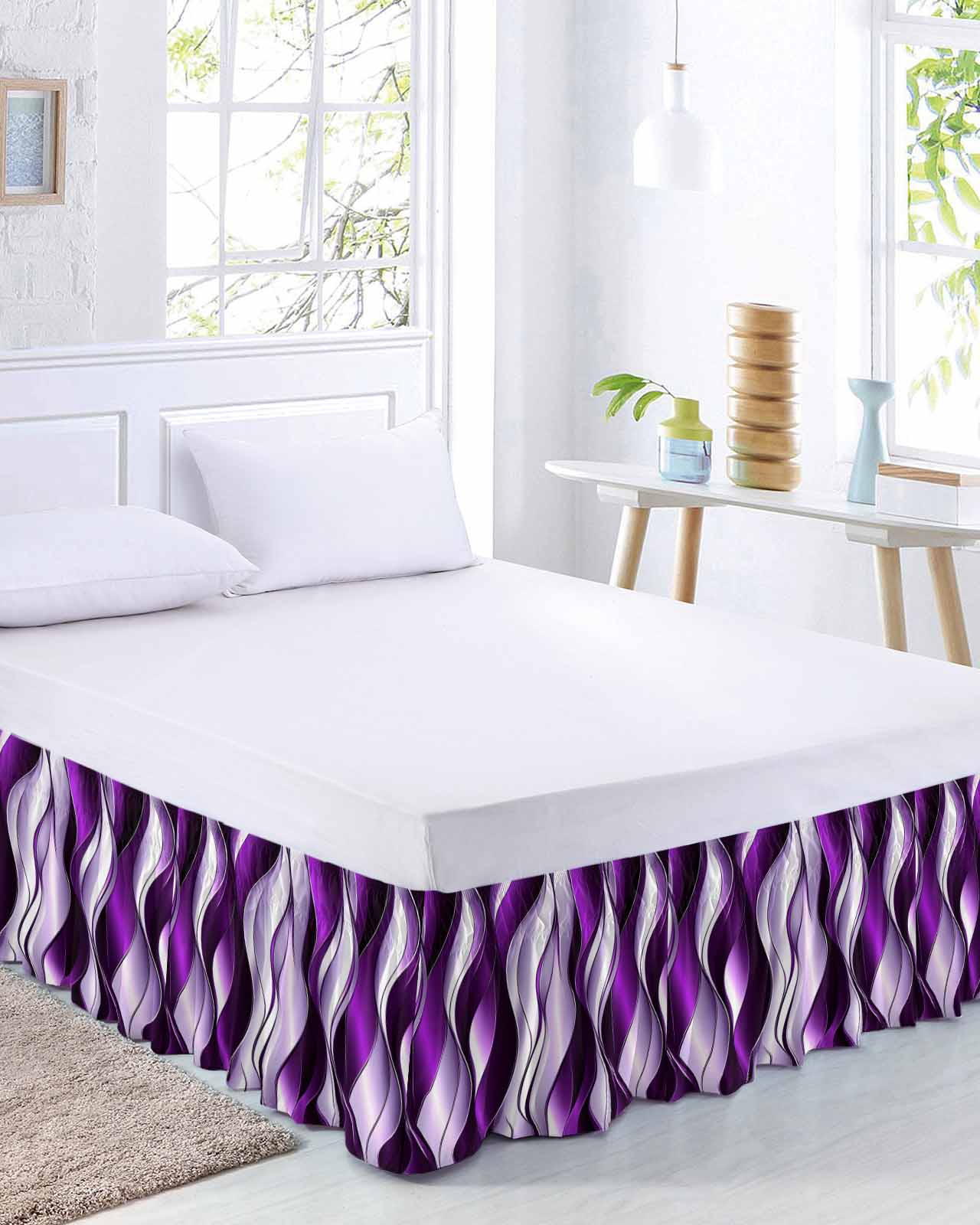 Purple Striped Ombre Wrap Around Bed Skirts for Queen Bed 18" Drop,Bed Skirt with Adjustable Elastic Belt Dust Ruffle Bed Valance for Bedroom Hotel Modern Purple Moire Geometric Bed Frame Cover