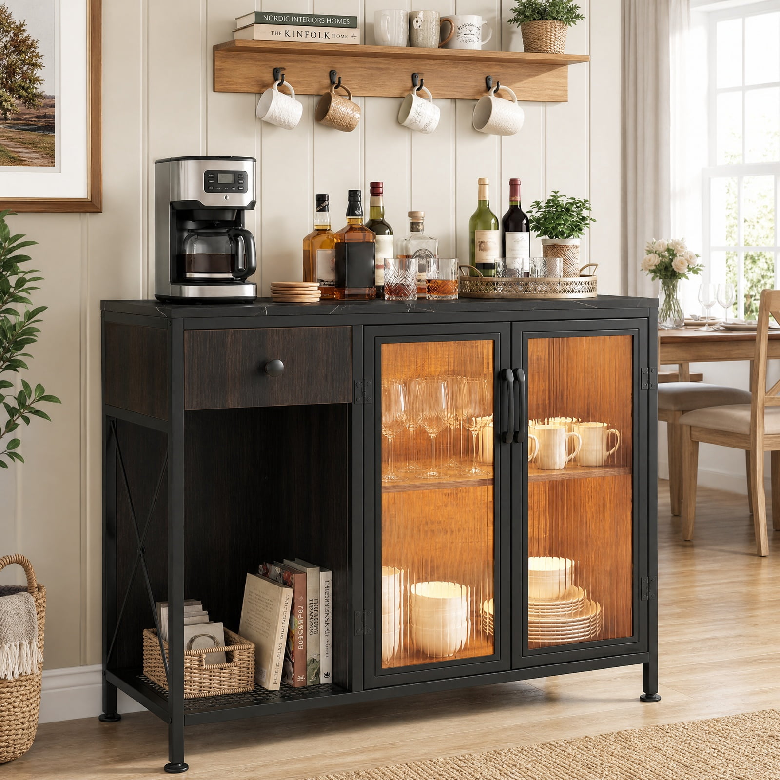 Furnibear Buffet Sideboard with Doors Power Outlets and LED Light for Kitchen Dining Living Room Buffet Storage Server, Black