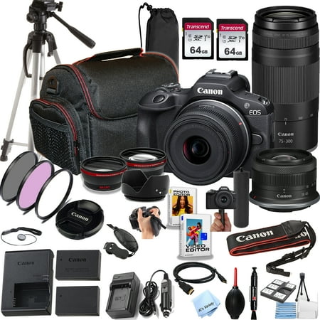 Canon EOS R100 24.2MP APS-C CMOS Sensor Mirrorless Camera with 18-45mm + 75-300mm Lenses 128GB Memory Tripod Stabilizing Grip Filters Lenses Case Software More (Premium Bundle) Canon EOS R100 24.2MP APS-C CMOS Sensor Mirrorless Camera with 18-45mm + 75-300mm Lenses 128GB Memory Tripod Stabilizing Grip Filters Lenses Case Software More (Premium Bundle)