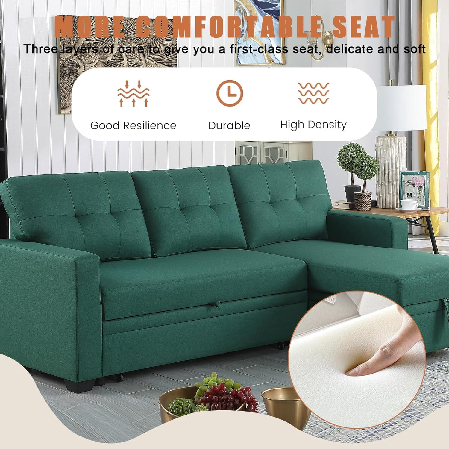 Howcool 82" Convertible Sleeper Sofa Bed, Pull-Out Couch with Reversible Storage Chaise, L-Shaped Sectional Couch with USB Charging, Linen Fabric Sofa for Small Living Room Apartment,Green