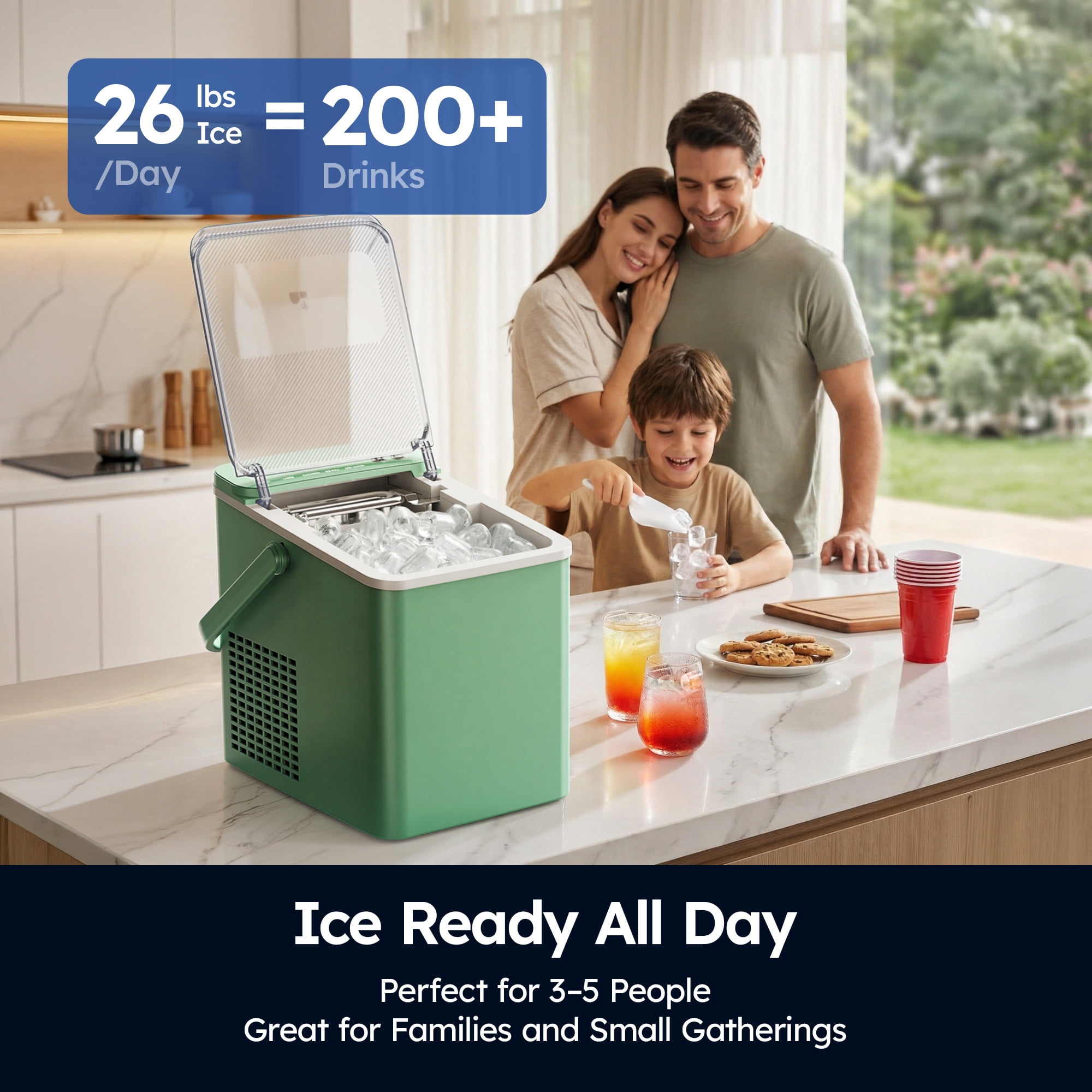 SIMZLIFE Portable Countertop Ice Maker Machine, 26 lbs Ice Per Day, 9 Bullet Ice Cubes Ready in 6 Minutes, Small & Large Ice Sizes, Self-Cleaning, 1.1L Water Tank, Ice Scoop & Basket, Green