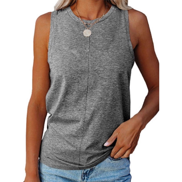 MAWCLOS Ladies Tank Tops Solid Color T Shirts Crew Neck Vest Plain Summer Sleeveless Camisole Dark Gray M