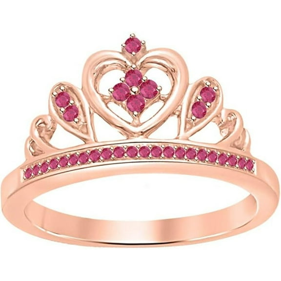 Engagement Wedding 925 Sterling Silver 14K Rose Gold Plating Round Cut Pink Ruby Tiara Queen Crown Heart Shaped Ring For Women
