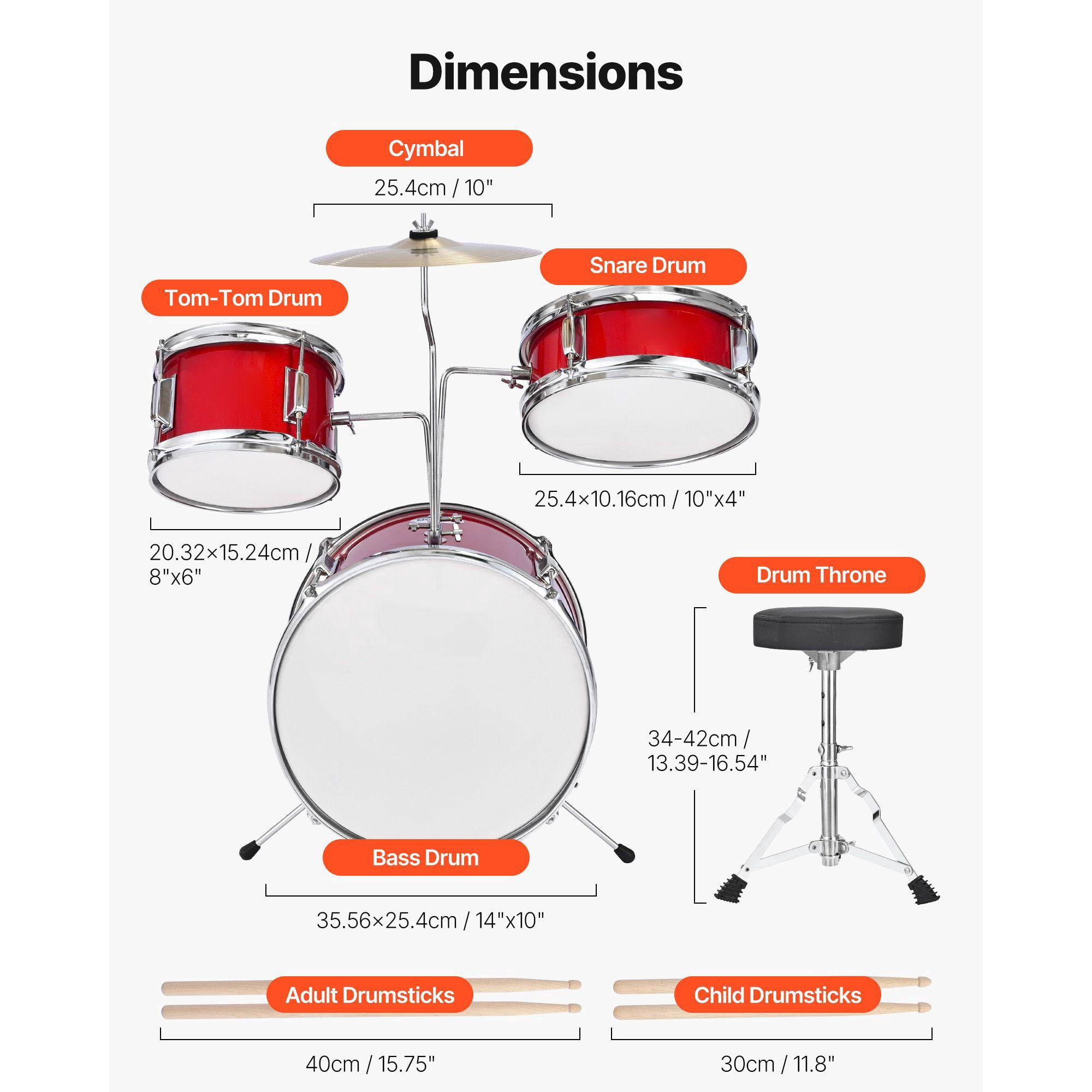 Junior Drum Set 3 Piece 14 Inch Kids Drum Kit with Adjustable Stool Cymbal and Drumsticks Musical Learning Instrument for Children Ages 6-13 Red