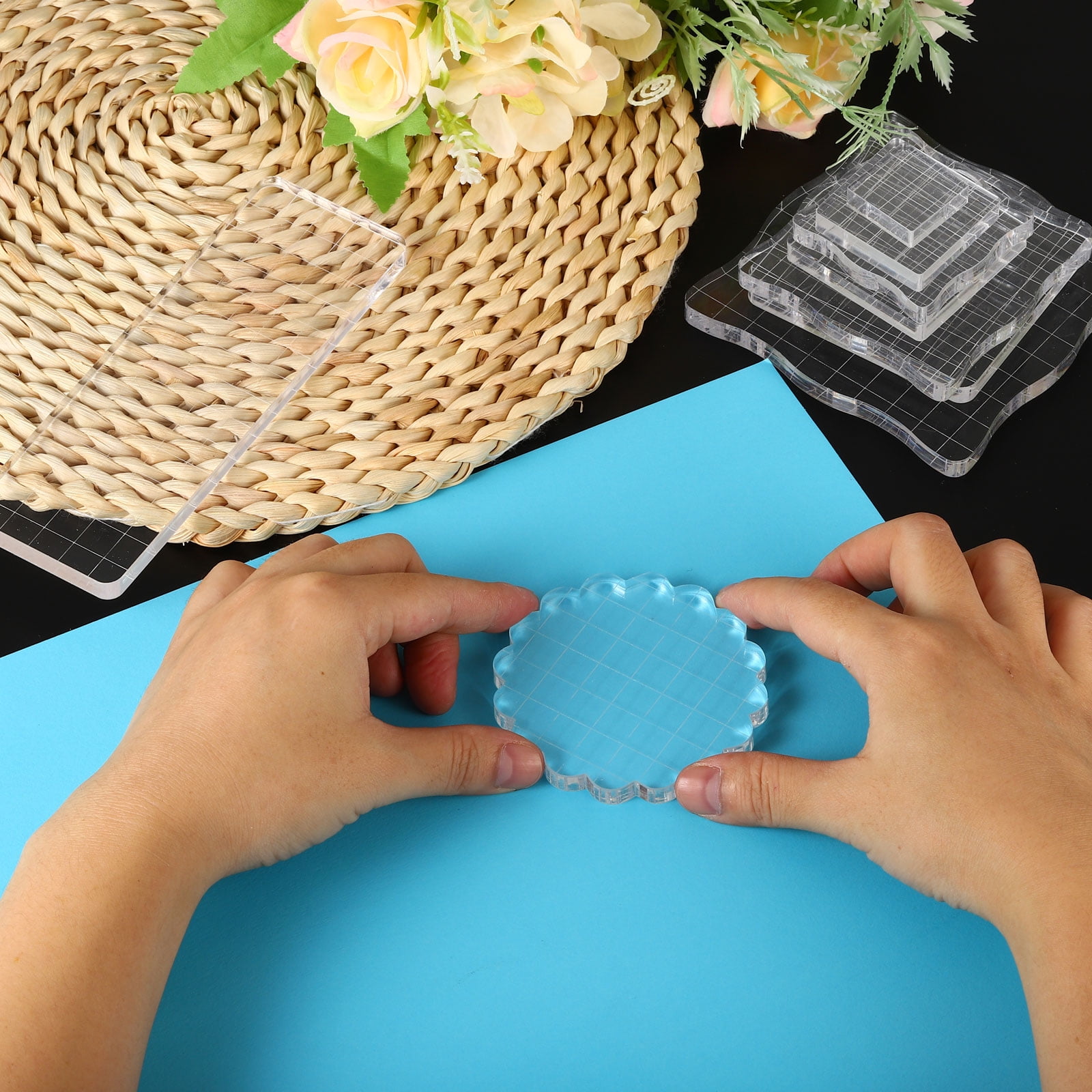 Unique Bargains Acrylic Stamping Block with Grid Lines for Scrapbooking 4"x 4"x0.3" 1Pcs