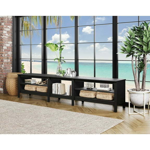 Fitueyes 94" Mid-Century Modern TV Stand for 85-100" TVs, Home Entertainment Center with Open Shelves for Living Room, black