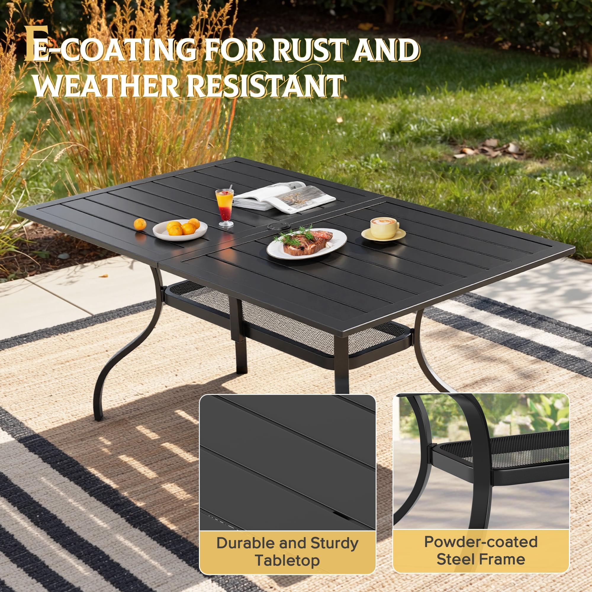 SOLAURA Outdoor Dining Table, 60" x 37"Outdoor Rectangular Metal Table with 1.57" Umbrella Hole, for Backyards, Porches, Gardens or Poolside, Black