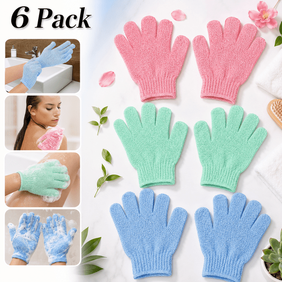 Emlimny 6 Pair Bath Gloves for Shower Natural Loofah Exfoliating Wash Gloves for Body and Face, Double Sided Microfiber Shower Body Gloves for Adults and Kids(Green,Blue,Pink)