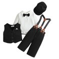 thumbnail image 2 of Esaierr Toddler Baby Boys Clothes 1-2Y Infant Long Sleeve Gentleman Outfits + Suspender Pants + Bowtie + Vest +Hat Baby Boy Suit Set, 2 of 8