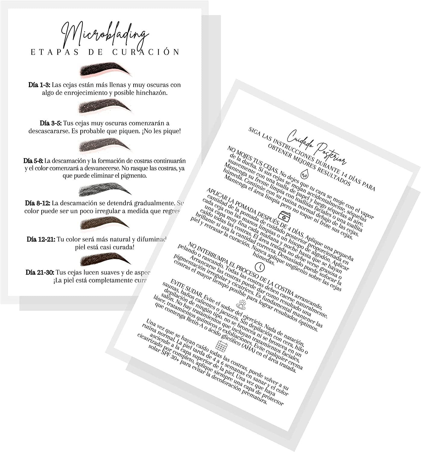 SPANISH Microblading Stages of Healing and Aftercare 30 Pack 4x6 inch